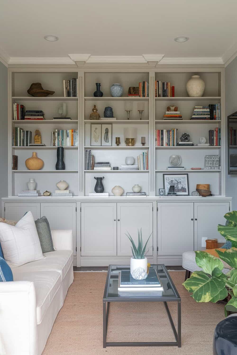 A stylish storage wall with books, vases, and decorative items.