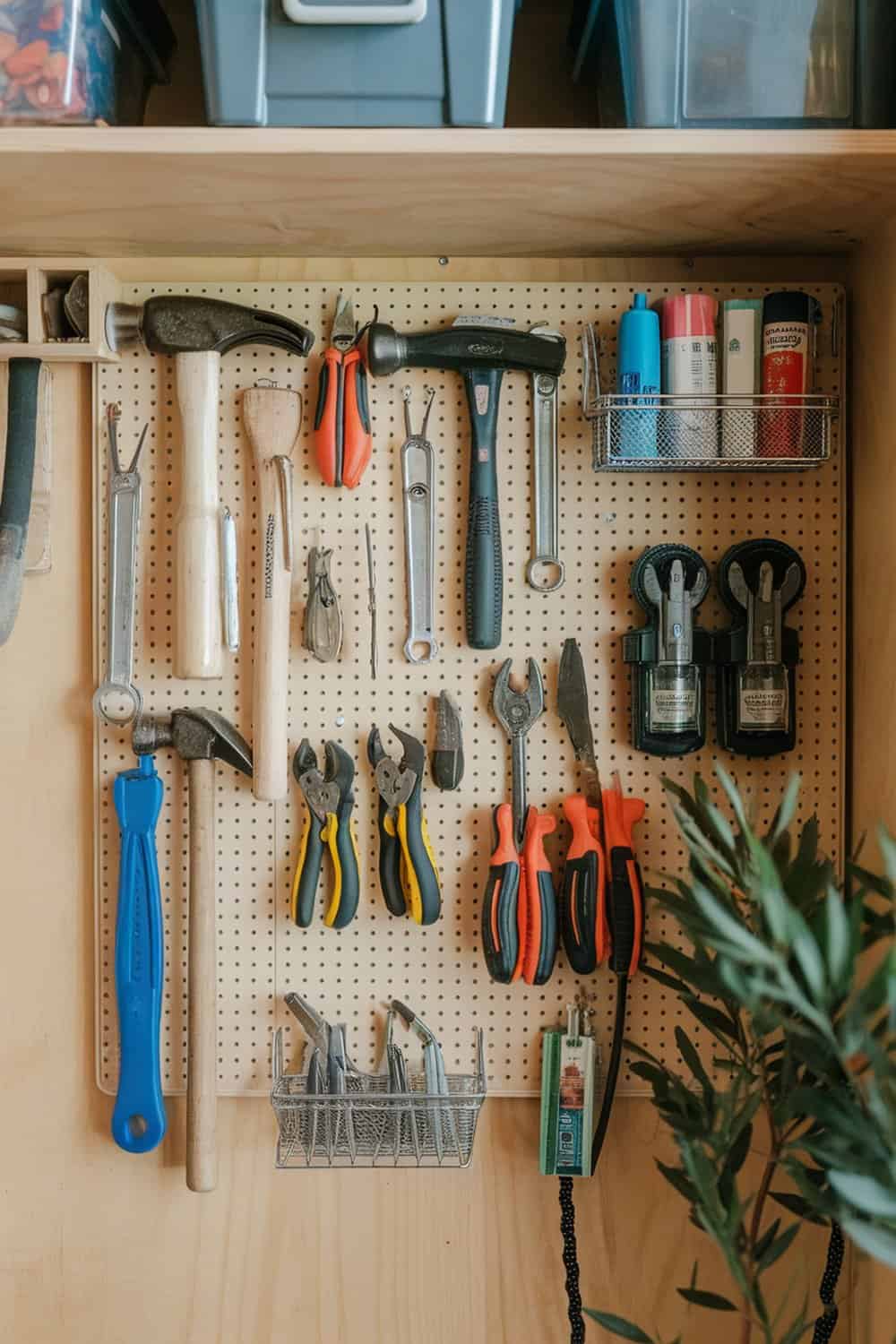 Pegboard with various tools organized neatly on it.