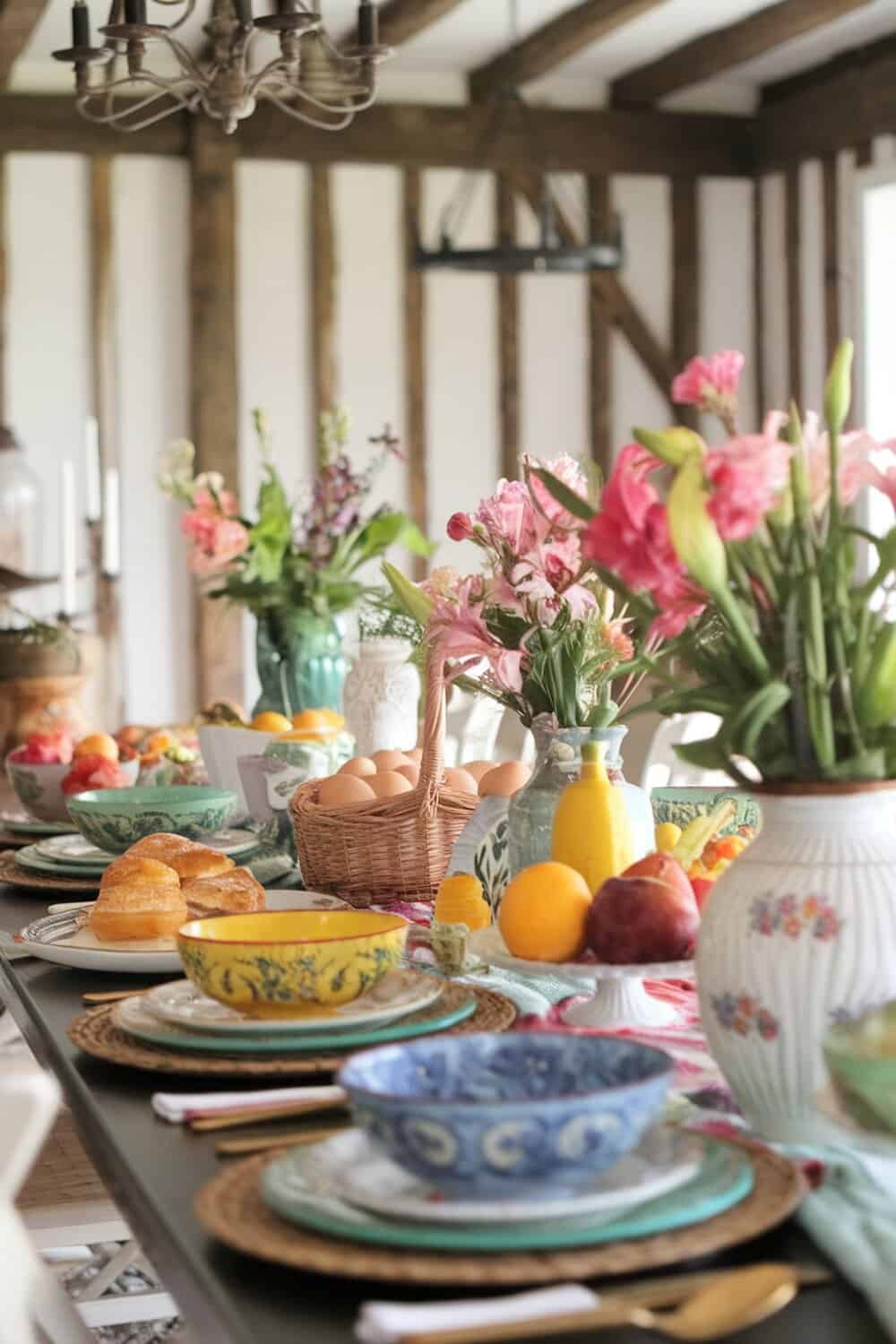 A beautifully arranged dining table with colorful dishes, fresh flowers, fruits, and baked goods.