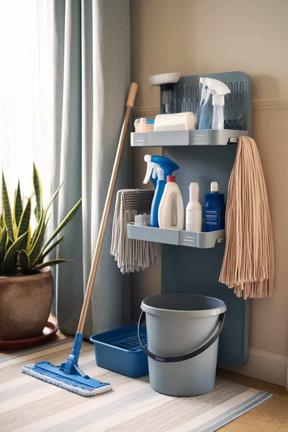 A well-organized cleaning station with shelves for cleaning supplies and tools.
