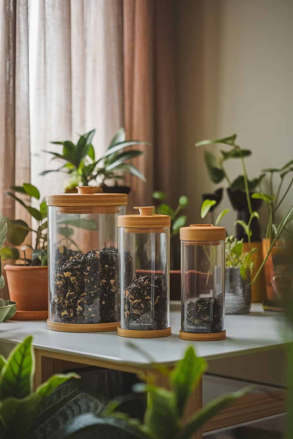 Bamboo canisters on a table surrounded by plants.