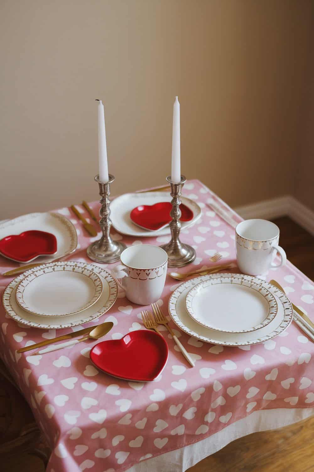A table set for Valentine's Day with a pink heart-patterned tablecloth, heart-shaped plates, and elegant silver candlesticks.