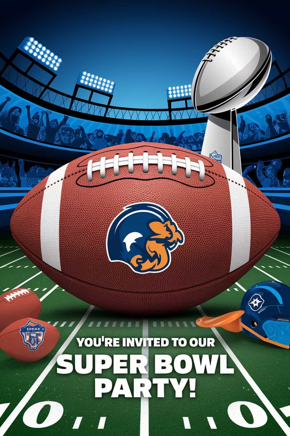 Customized Super Bowl party invitation featuring a football and trophy.
