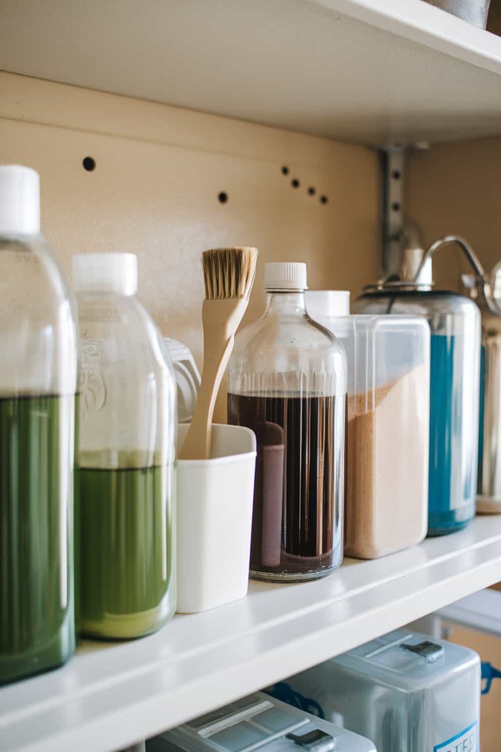 A shelf with various clear containers holding cleaning supplies.