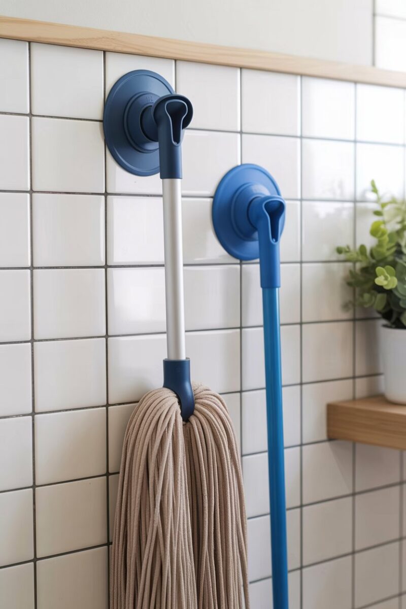 Suction cup mop holders with mops hanging on a tiled wall