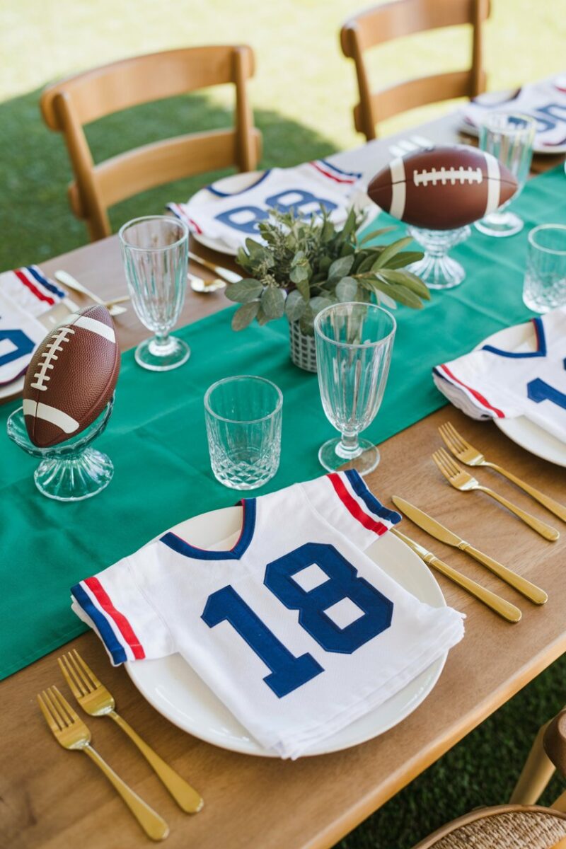 Table setting with team jersey napkins and football-themed decor.