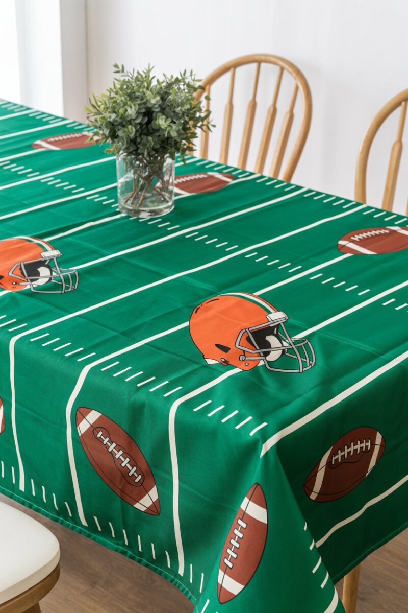 Tablecloth designed like a football field with footballs and a helmet on it.
