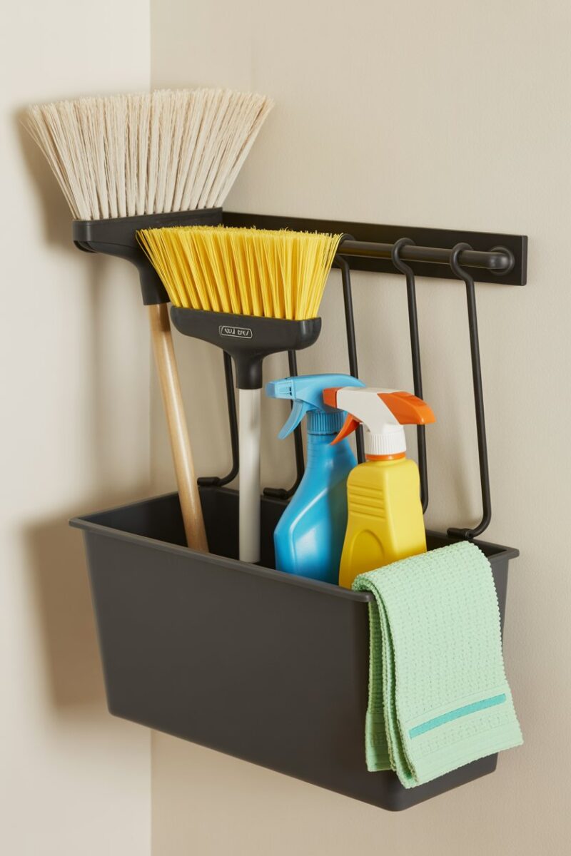 Wall-mounted storage bin holding cleaning tools like brooms and mops.