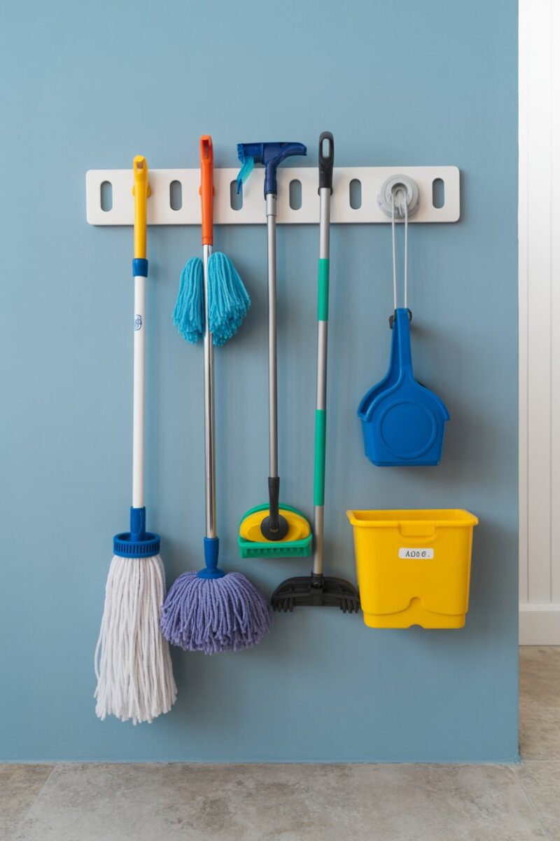 Wall-mounted storage solution for mops and cleaning tools